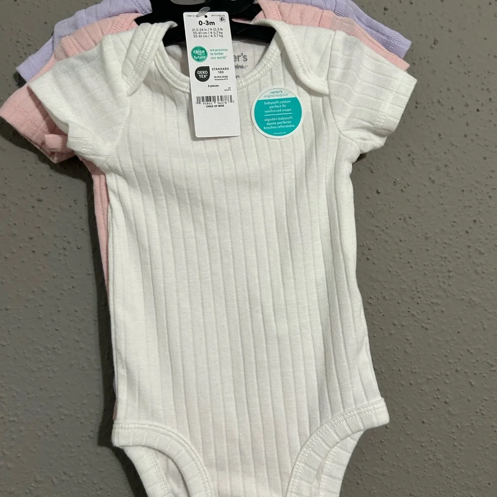 Carter's Ribbed Cotton Bodysuit Set - White, Pink, Lavender. Set of 3. NWT.